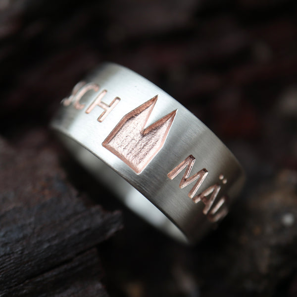 10 mm breit Premium Ring strichmatt mit vergoldeten Dom & außen Gravur
