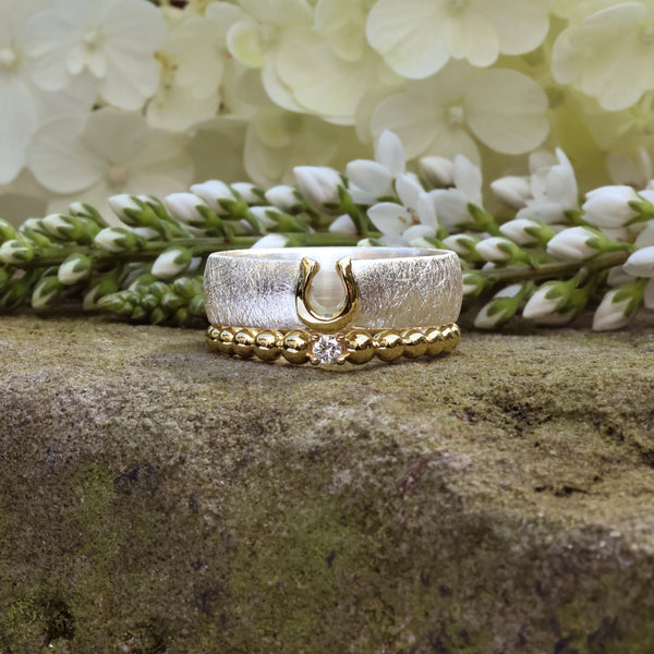 925 Silberring mit Hufeisen aus 585 Gelbgold & Beisteckring mit Diamant