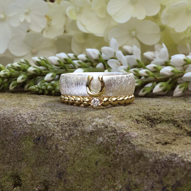 925 Silberring mit Hufeisen aus 585 Gelbgold & Beisteckring mit Diamant