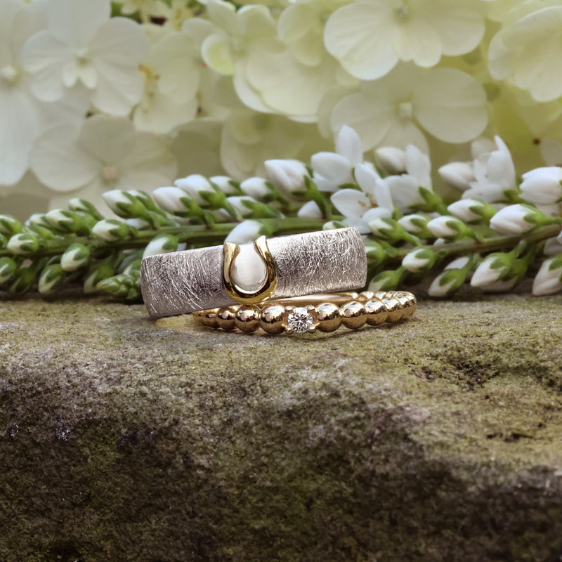 925 Silberring mit Hufeisen aus 585 Gelbgold & Beisteckring mit Diamant