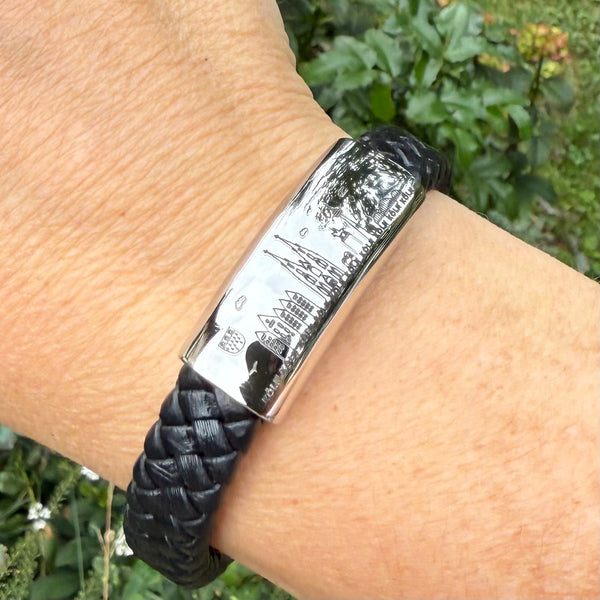 Lederarmband mit Edelstahl & Gravur der Kölner Skyline