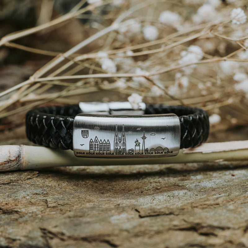 Lederarmband mit Edelstahl & Gravur der Kölner Skyline