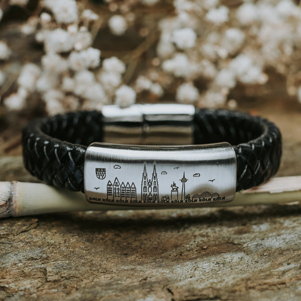 Lederarmband mit Edelstahl & Gravur der Kölner Skyline
