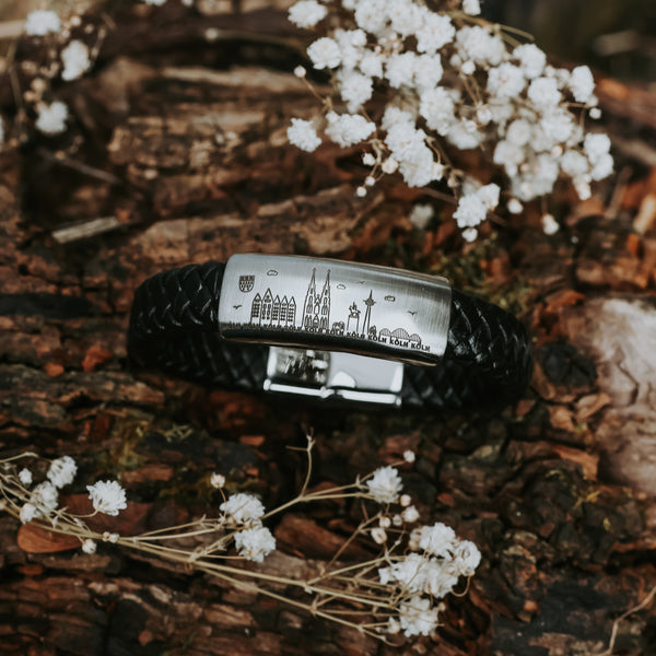 Lederarmband mit Edelstahl & Gravur der Kölner Skyline