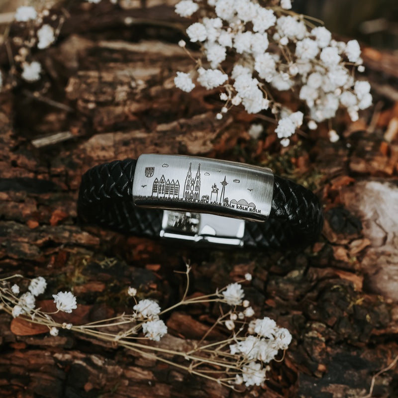 Lederarmband mit Edelstahl & Gravur der Kölner Skyline