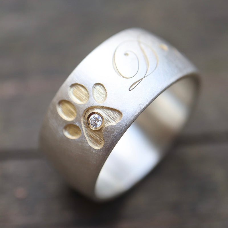10 mm Ring mit Pfote, Diamant & Gravur