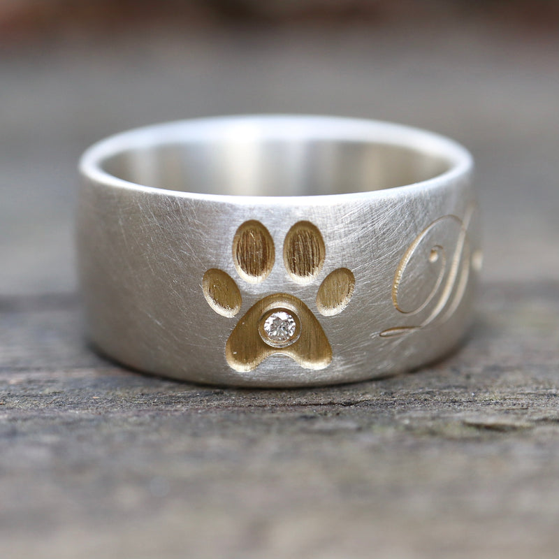 10 mm Ring mit Pfote, Diamant & Gravur